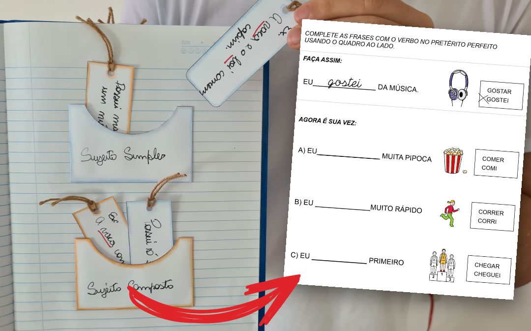 Professora segurando exemplo de atividade adaptada com apoio visual e frases para completar