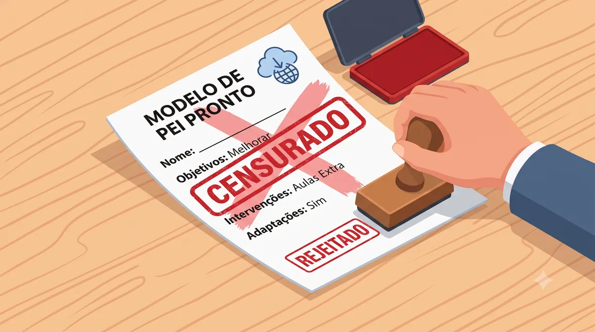 Ilustracao de formulario de PEI pronto carimbado como censurado e rejeitado.