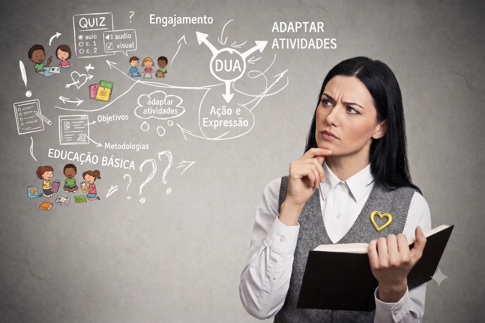 Professora diante de um mapa visual de estratégias para adaptar atividades escolares