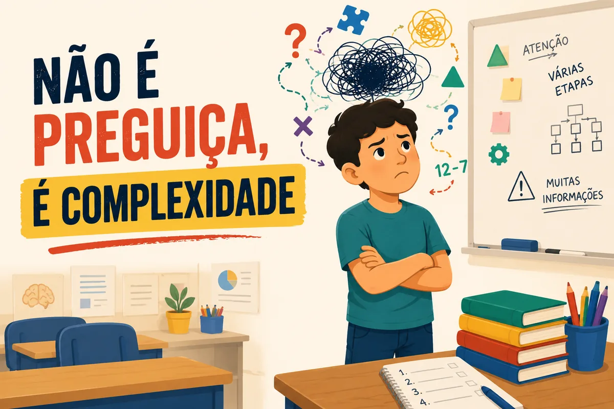 Ilustracao de aluno confuso em sala de aula com a frase Nao e preguica, e complexidade.